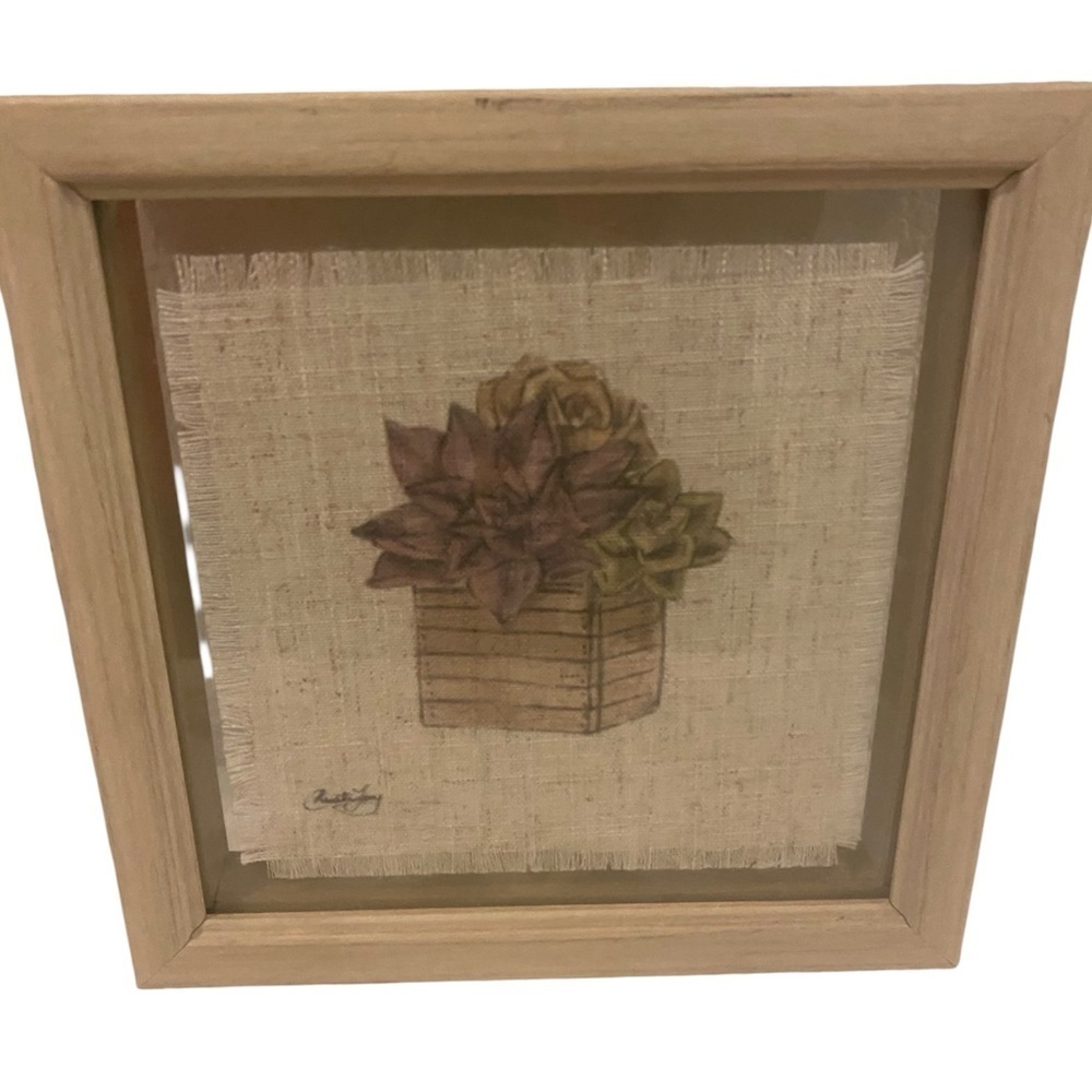 Vintage Signed Textured Fabric Botanical Wall Art with Natural Wood Frame 7”x 7”